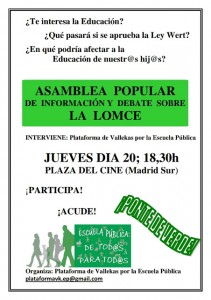 Cartel de la Asamblea para información y debate de la LOMCE - 20 Junio