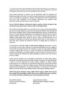 Nota de prensa emitida por las AMPAs del Pau de Vallecas (Pág. 1/2)