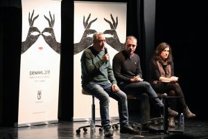 Los concejales de Puente de Vallecas y Retiro, Paco Pérez y Nacho Murgui, respectivamente, y la directora general de Programa y Actividades Culturales del Área de Cultura y Deportes del Ayuntamiento de Madrid, Getsemaní de San Marcos