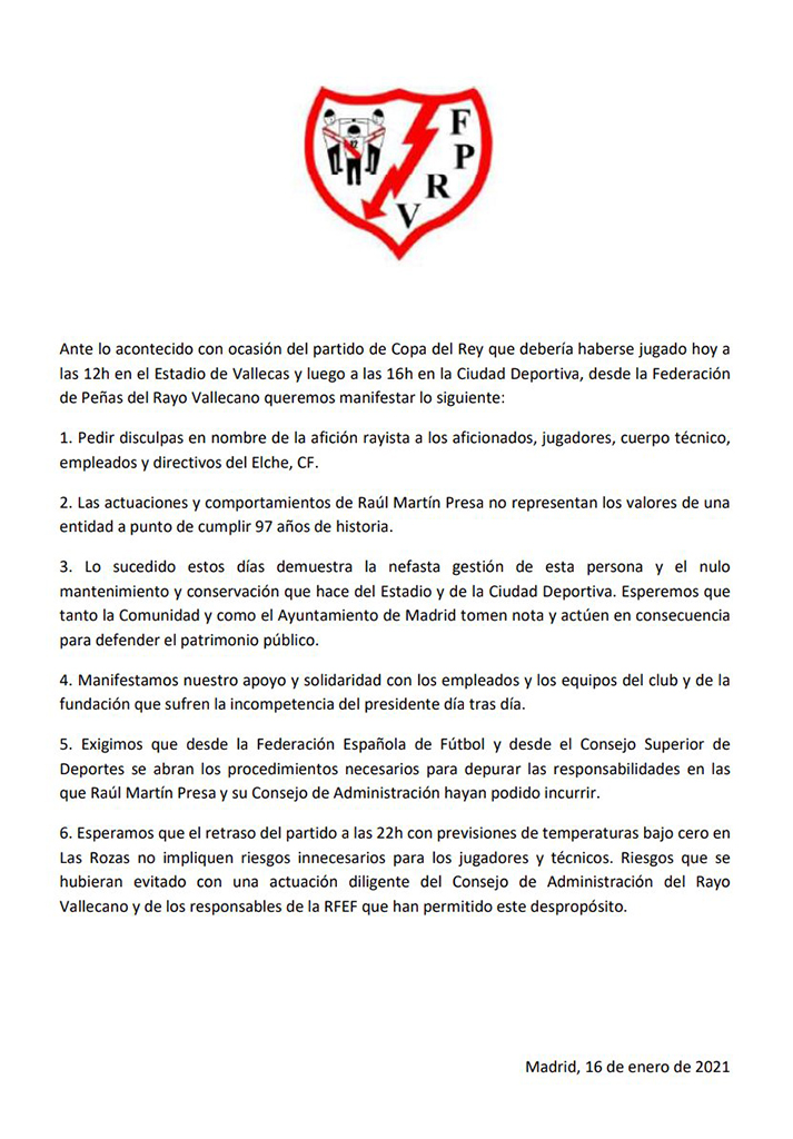 Comunicado de la Federación de Peñas del Rayo Vallecano