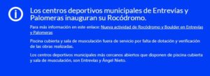Aviso del Centro Deportivo Municipal Palomeras
